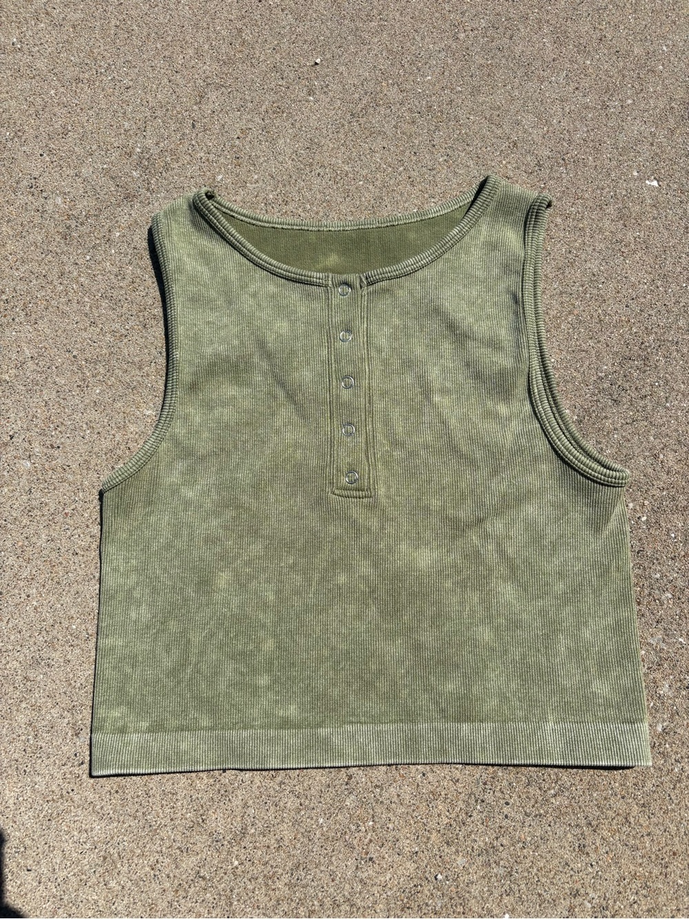 Forever 21 Olive Green Acid Wash Ribbed Henley Tank